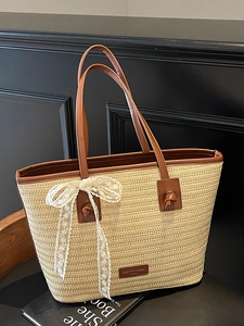 Grand Sac Fourre-tout en Paille de Vacances d'Été pour Femmes Sac à Épaule Tissé Avec Nœud en Dentelle Poignée en Cuir