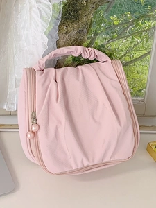 Women's PU Pleated Makeup Bag With Artificial Pearl Zipper Elegant Portable Cosmetic Storage Bag For Travel Daily Handbag