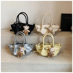 Chic woven leather tote bags in black white silver and yellow with cute bear pendants