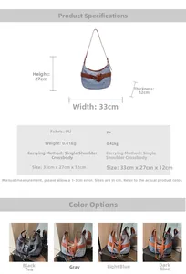 Tableau des dimensions détaillées et matériaux pour le sac cabas en PU style denim