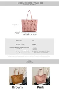 Detailed view of large tote bag with cartoon bear print showing dimensions and PU material