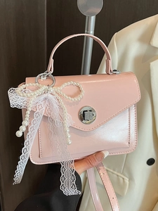 Sac Bandoulière Femme Élégant en Simili Cuir Cire d'Huile Petit Carré Avec Noeud en Dentelle et Künstliche Perles Style Coréen