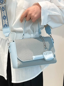 Fashionable textured light blue small square handbag with jacquard wide shoulder strap