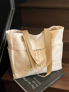 Women Large Capacity Fabric Tote Bag With Letter Embroidery Casual Shoulder Handbag For Everyday Commute Versatile Bag