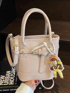 Korean Minimalist Litchi Pattern PU Leather Bucket Bag For Women Fashion Commuter Crossbody Bag Versatile Shoulder Handbag
