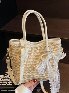 Contrast Color Straw Woven Bucket Bag For Women PU Leather Trim Handbag With Optional Lace Artificial Pearl Bow Pendant Casual Beach Bag
