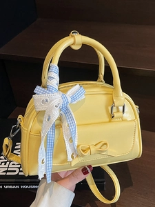 Women Korean Sweet Boston Bag PU Leather Bowknot Ribbon Decoration Handbag Casual Versatile Crossbody Shoulder Bag For Daily Use