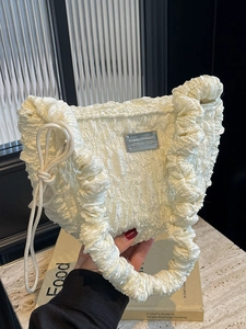 Women Fashion Ruched Cloud Bag Textured Fabric Shoulder Bag Casual Crossbody Bag Solid Color Crescent Hobo Bag Metal Decoration
