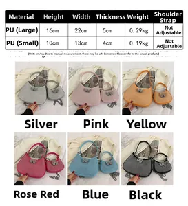 Size chart and dimensions for rhinestone underarm bag available in six vibrant colors