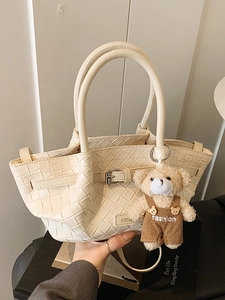 Korean Style Women Woven Basket Bag Elegant PU Leather Crossbody Bag Small Shoulder Bag With Teddy Bear Pendant Purse