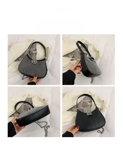 Detail view showing black crescent rhinestone hobo bag from four different angles