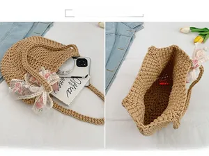 Detail view of woven straw tote bag interior showing the spacious main compartment
