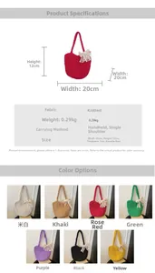 Detailed chart showing woven tote dimensions and seven vibrant color options for women