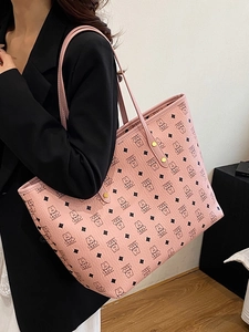 Pink monogram tote bag with cartoon bear pattern and spacious casual top-handle design