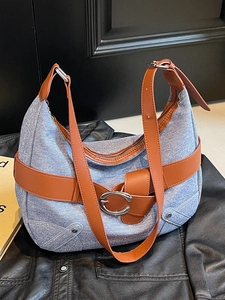 Sac Bandoulière Hobo Femme Texture Denim Cuir PU Style Coréen Avec Grande Boucle Métallique Sac Dumpling Rétro Vintage