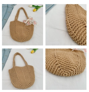 Detailed close-up of handmade woven tote bag showing thick cotton rope texture and lace bow