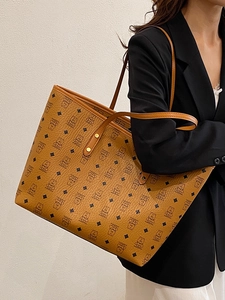 Classic brown printed large tote bag with bear pattern and slim shoulder straps for women