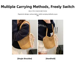 Straw woven tote bag detail showing shoulder and hand-carry style with floral lace ribbon
