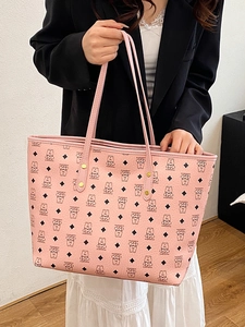 Classic pink tote bag with printed bear pattern and large capacity for daily commuting