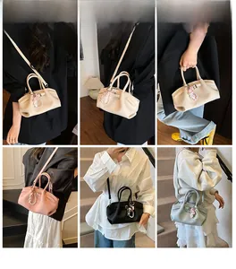 Chic pleated bucket bags in multiple colors with pearl and cartoon charms shown on models