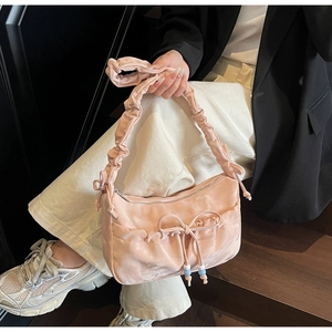 Pink satin ruched handle shoulder bag featuring delicate bow and beaded details