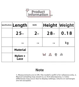 Size chart showing dimensions 25x2x28cm and material nylon lace for the tote bag