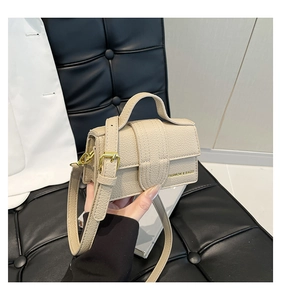 Detailed close-up of beige lychee grain mini bag with gold hardware and fashion lettering