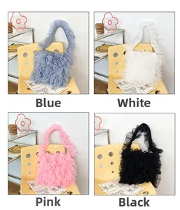 Detailed view of ruffle mesh tote bags in blue, white, pink, and black color options