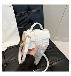 Close-up of white pebble leather mini bag with gold buckle and fashion logo detail