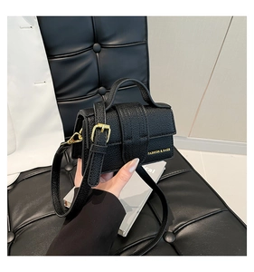Detailed macro view of black lychee grain leather mini bag with gold buckle and brand logo