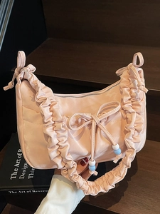 Women French Sweet Pleated Bow Shoulder Bag Niche Design PU Ruched Underarm Bag Casual Versatile Single Strap Handbag