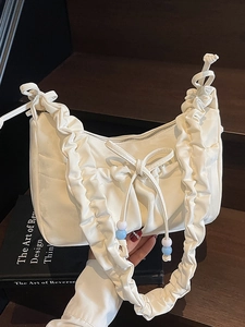 French style white pleated shoulder bag with bow detail and colorful beads decoration