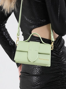 Trendy mint green mini square handbag with lychee pattern and gold metal hardware