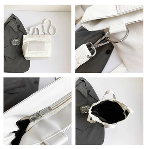 Detailed views of white crocodile pattern tote bag showing hardware and interior capacity