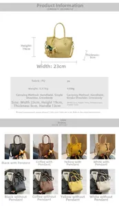 Detail specifications of PU leather bucket bag with size dimensions and charm colors