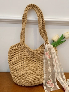 Women Woven Tote Bag Handmade Crochet Shoulder Bag With Lace Flower Embroidery Ribbon Bow Casual Vacation Shopping Handbag