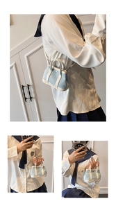 Detailed shots of mini light blue denim crossbody bag showing hand-carry and shoulder wear