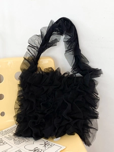 Japanese style ruffled lace tote bag in black tulle with a pleated mesh texture design