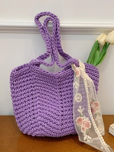 Minimalist purple woven knit tote bag with floral lace ribbon and shoulder strap for women