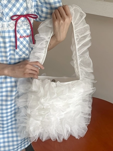 Sweet white pleated mesh ruffled shoulder tote bag made of lightweight organza fabric