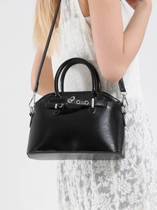 Minimalist black glossy oil wax leather handbag with silver hardware and top handles for women