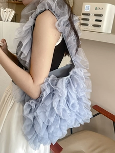 Japanese style ruffled lace shoulder tote bag in light purple with layers of tulle