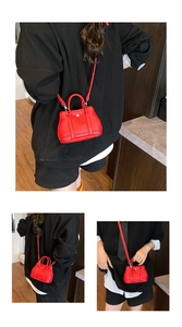 Detailed views of red litchi texture mini tote bag showing crossbody and handheld styles