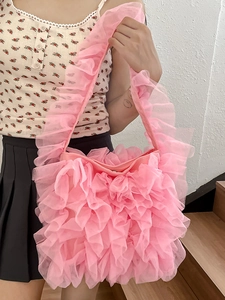 Pink pleated mesh tote bag for women featuring balletcore ruffles and lightweight shoulder strap