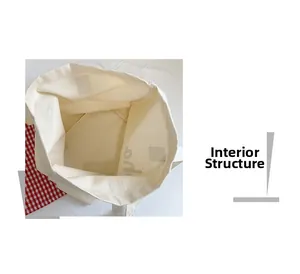 Inside view of white canvas tote bag showing roomy interior and velcro closure detail