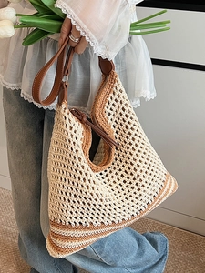 Bohemian woven cotton hobo tote bag with brown leather handles and diamond mesh pattern