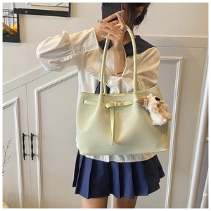Close-up of mint green woven tote bag featuring a decorative buckle and plush puppy charm
