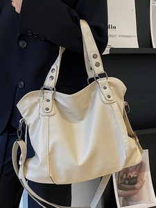 Retro cream white large capacity tote bag with soft leather and silver hardware details