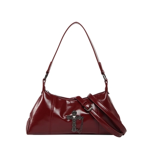 Retro deep red dumpling shoulder bag with gothic metal cross and chain decoration