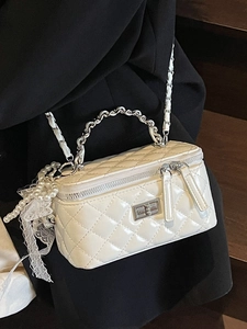 Elegant white quilted mini box bag with silver handle, chain strap and pearl lace charms